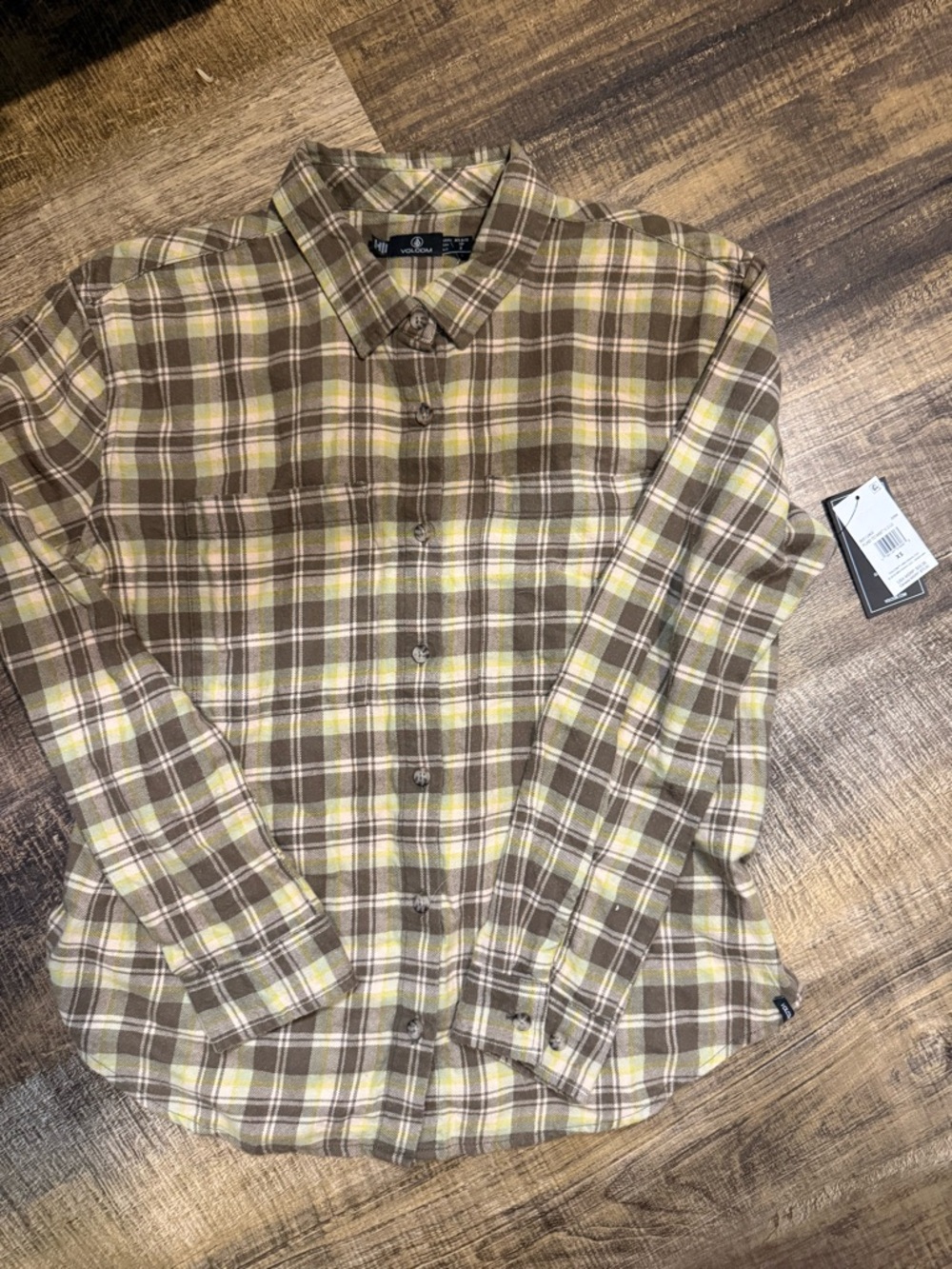 Volcom Men's Brown Plaid Button Down with Cream and Yellow Accents